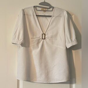 Michael Kors Linen Puff Sleeved Blouse with Buckle Detail